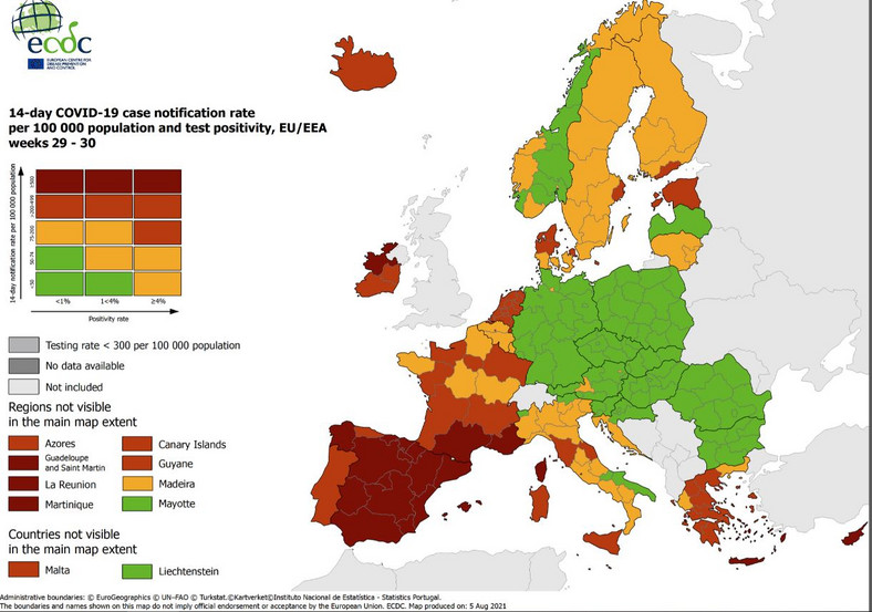 Mapa pokazująca poziom zakażeń COVID-19 w poszczególnych częściach Europy