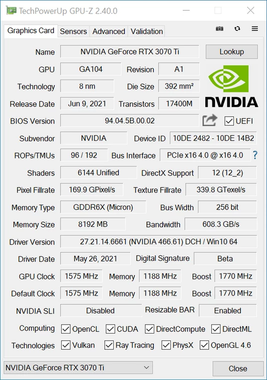 Nvidia GeForce RTX 3070 Ti FE – GPU-Z – specyfikacja układu