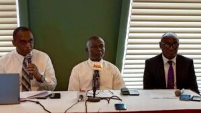 From Left: Mr Ifeanyi Agiriga, Stake President, Abuja Kubwa Stake, Mr Victor Eze, Stake President, Abuja Wuse Stake and Mr Ikpe Nkanang, Director of Communication, Lagos, Ibadan and Enugu Coordinating Council of the Church at a press briefing in Abuja.