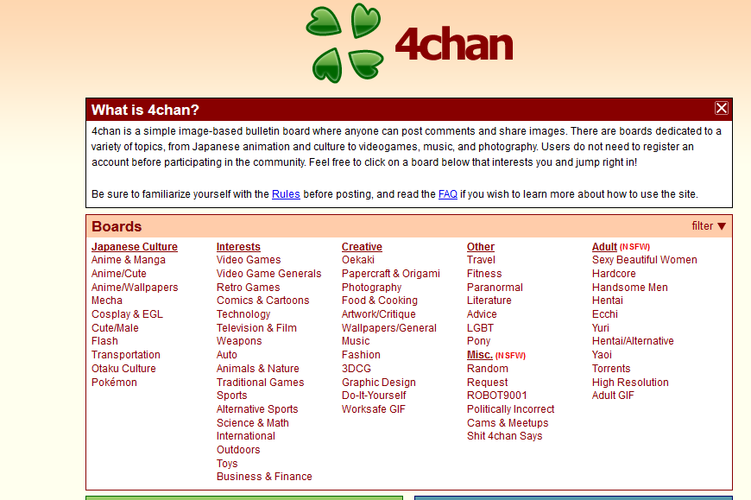 <strong>4chan</strong><br /><br />

Anglojęzyczny imageboard, klon japońskiego Futaba Channel. Agreguje różnego rodzaju treści, również bardzo kontrowersyjne i niebezpieczne dla nastolatków, dodatkowo nie wymaga rejestracji. Portal absolutnie nie dla dzieci.<br /><br />