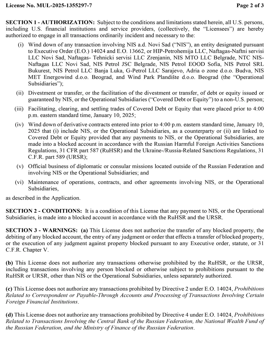 Licenca oko sankcija NIS-u