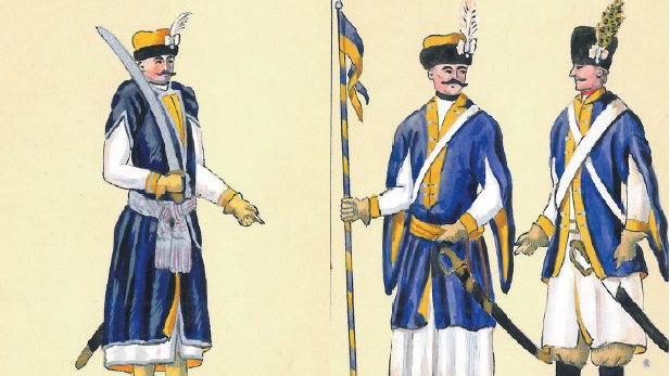 II Brygada Kawalerii Narodowej Wielkiego Księstwa Litewskiego. Od lewej oficer, ułan i pocztowy