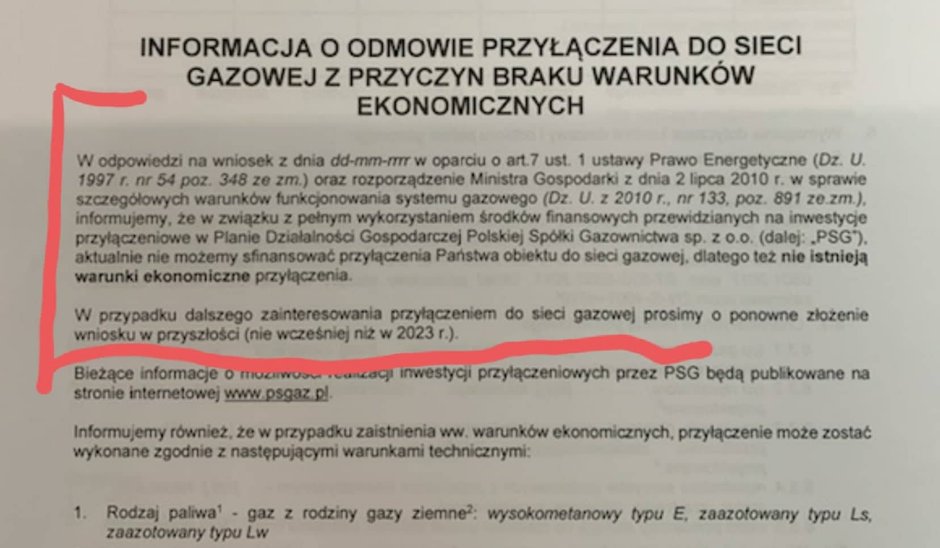 Treść pisma z odmową przyłączenia do sieci