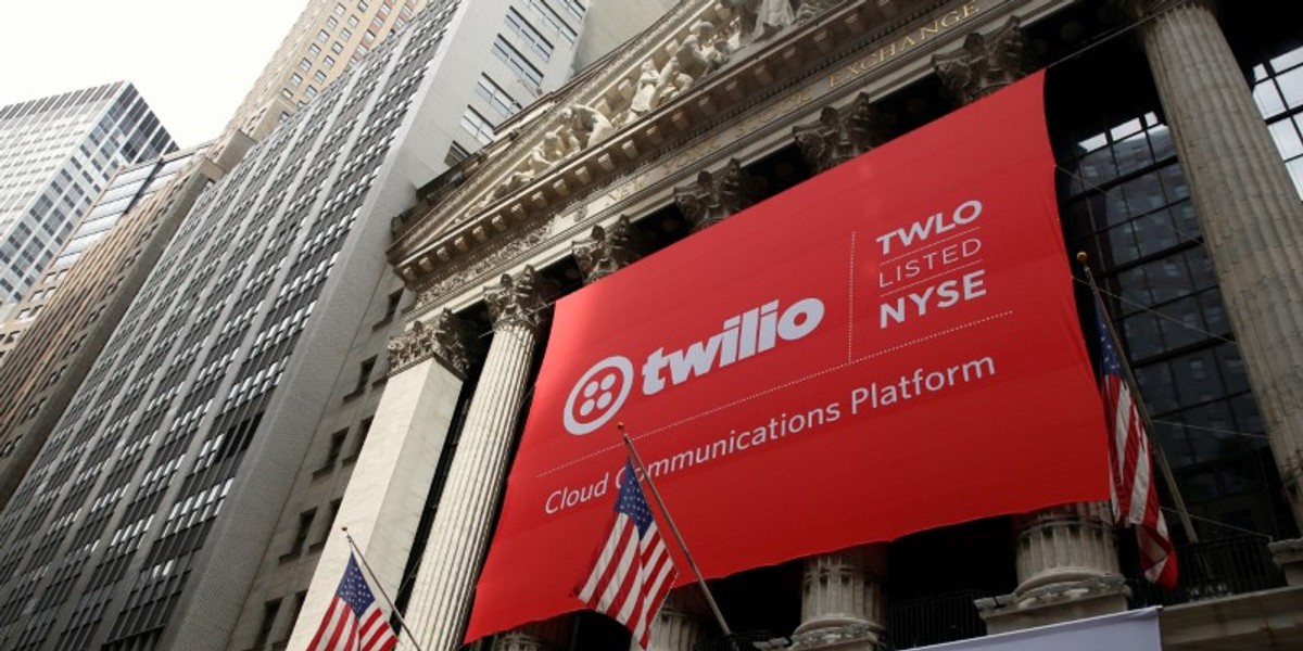 A banner for communications software provider Twilio Inc., hangs on the facade at the NYSE to celebrate the company's IPO, in New York City