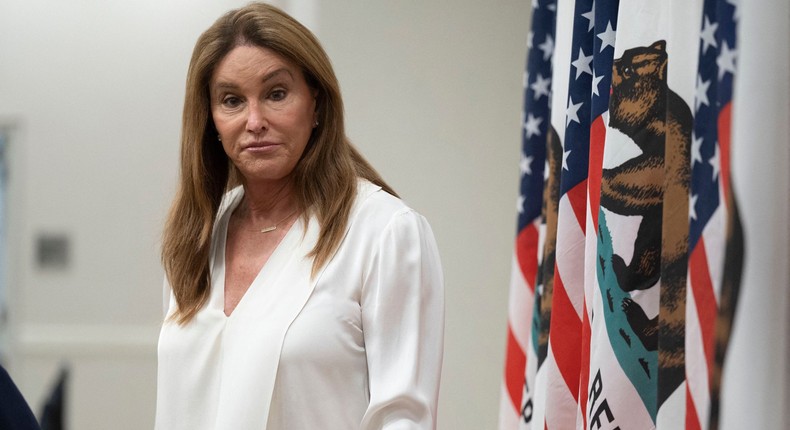 Gubernatorial candidate Caitlyn Jenner looks on during a Town Hall meeting in Pasadena, California, on August 28, 2021.
