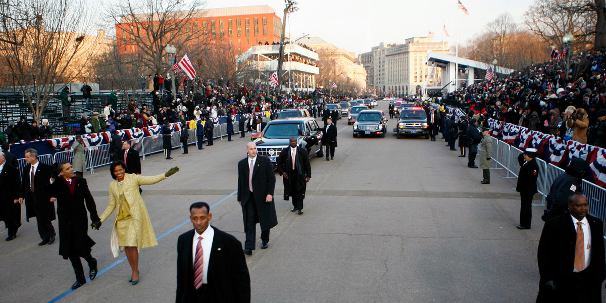 President Obama and the First Lady participate in the inauguration parade in 2009.