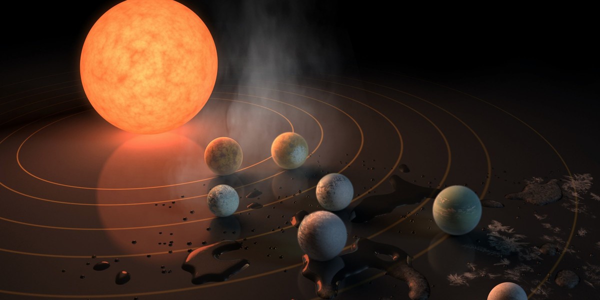 Wyobrażenie artysty na temat gwiazdy TRAPPIST-1, ultrazimnego czerwonego karła, i siedmiu krążących wokół niej planet