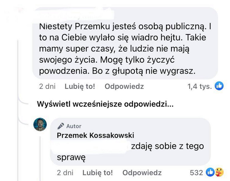 Przemek Kossakowski zareagował na komentarz fana