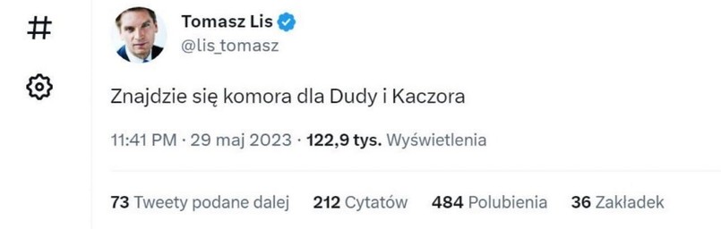 Wpis Tomasza Lisa (obecnie skasowany z Twittera)