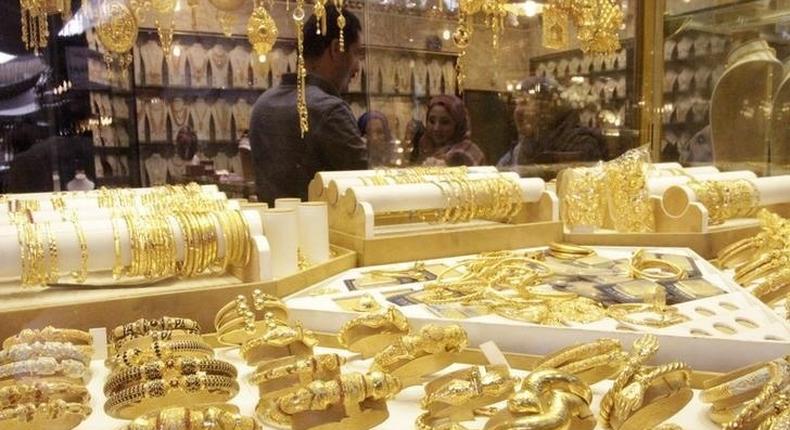 Gold jewellery is seen displayed for sale at a shop in a gold market in Basra, southeast of Baghdad February 14, 2015. 