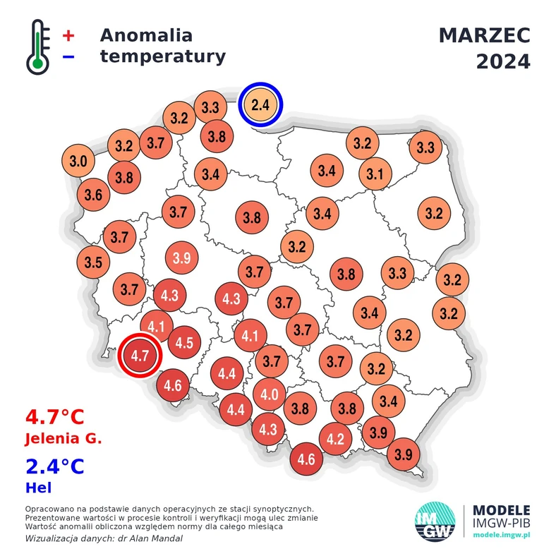 Odchylenie temperatury od średniej w marcu 2024 r.