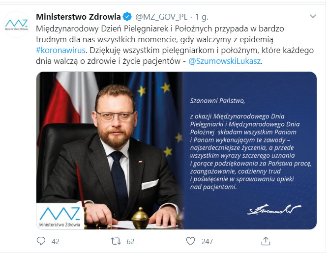 Minister Łukasz Szumowski składa życzenia pielęgniarkom i położnym na Twitterze
