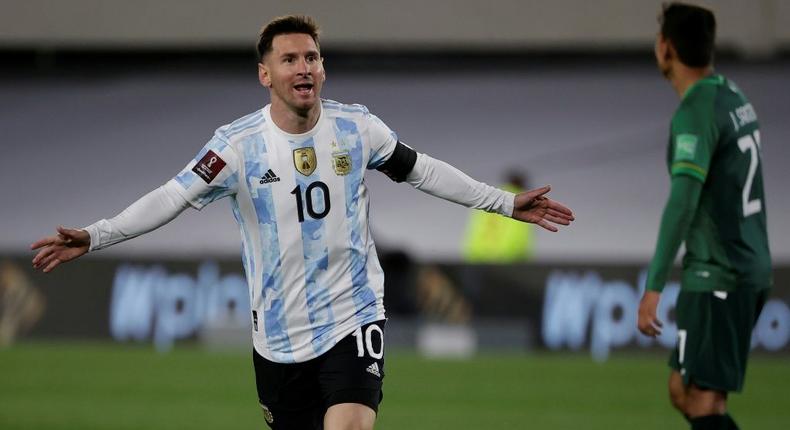 Argentina's Lionel Messi celebrates after scoring against Bolivia in a World Cup qualifier on Thursday Creator: Juan Ignacio RONCORONI