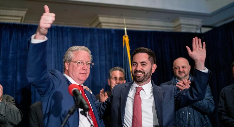 Mike Lawler, right, Republican candidate for the U.S. House, and Bill Weber, Republican candidate for state Senate, greet supporters at an election-night party.AP