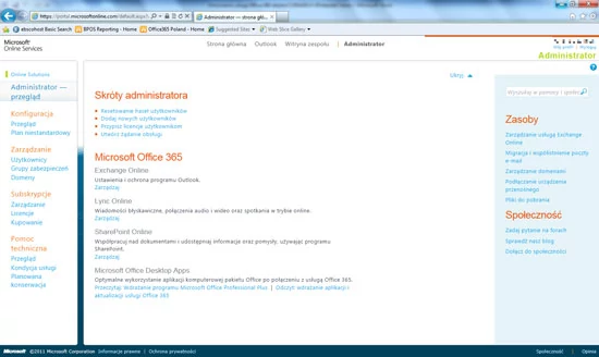 Główny panel administracyjny usługi Office 365