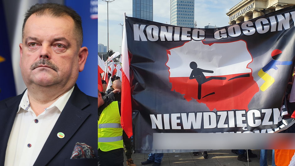 Sławomir Izdebski i baner na marszu rolników