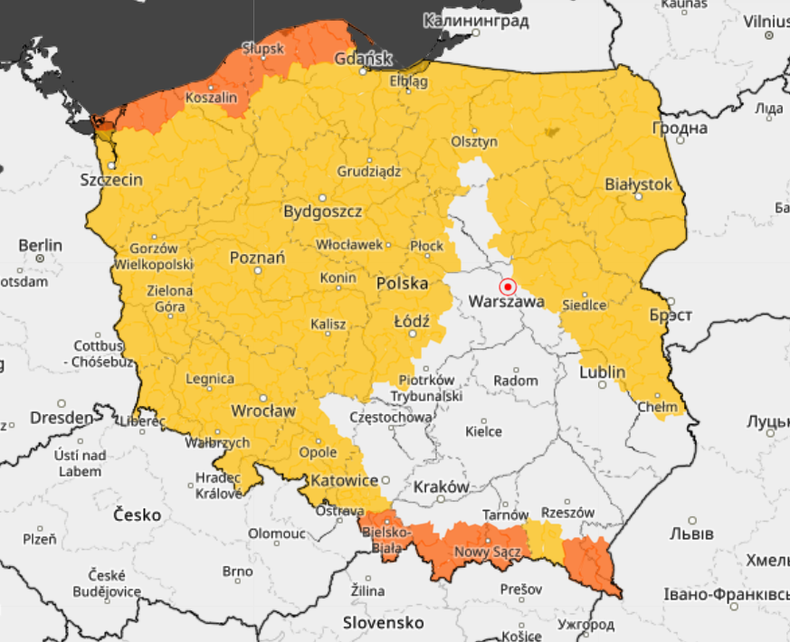 Alerty IMGW pierwszego (żółty) i drugiego stopnia (pomarańczowy)