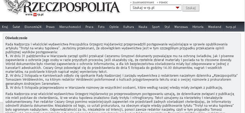 Czystki w "Rz". Kierownictwo gazety i autor tekstu o trotylu zwolnieni