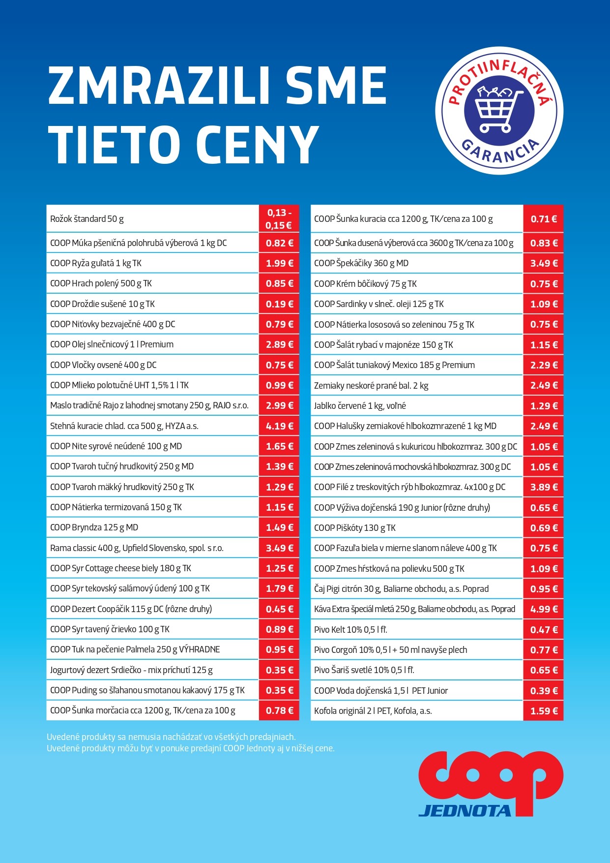 Zoznam potravín so zastropovanými cenami v Coop Jednota. 