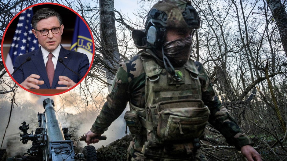 Spiker Izby Reprezentantów Mike Johnson oraz ukraiński żołnierz na froncie w obwodzie donieckim