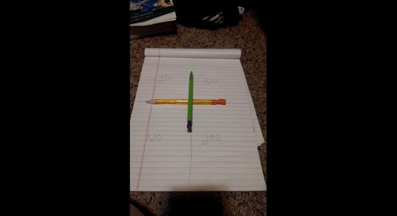 The set up of the pencils and the sheet of paper in the #CharlieCharlie pencil game.