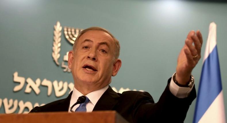 Israeli Prime Minister Benjamin Netanyahu delivers a statement to the press at his Jerusalem office on December 28, 2016, in response to a speech by the US Secretary of State