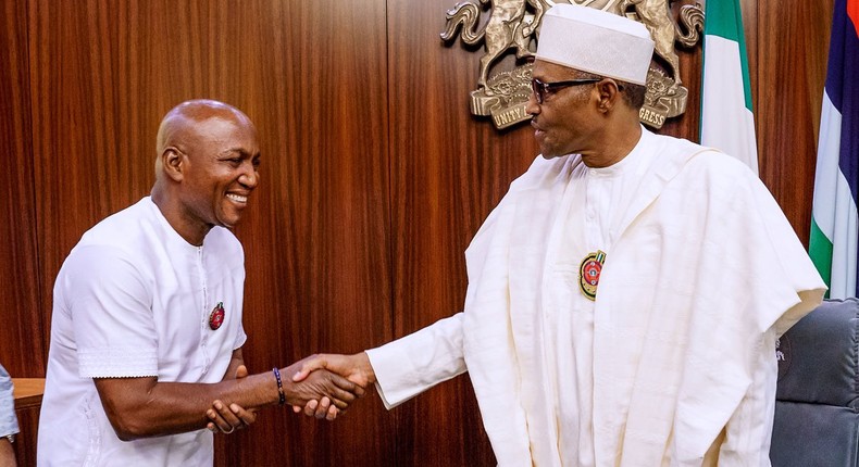 President Muhammadu Buhari receives Governor-Elect of Bayelsa State, Mr. David Lyon today, at the State House, Abuja in November 2019. 