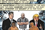 Trump po stworzeniu swej medialnej inkarnacji w WWE stał się mistrzem performance’u. Ilustr. Chris Moreno