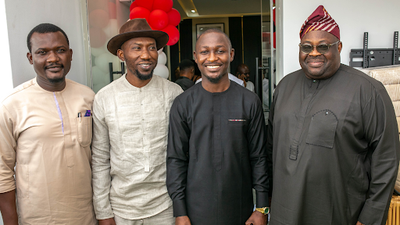 L-R: Bode Edun, CEO, kingford Homes; Yemi Edun, CEO, Daniel Ford International, UK; Nola Adetola, CEO, Veritasi Homes and Dele Momodu, CEO, Ovation International at the recent Head office opening and 6th Anniversary celebration of Veritasi Homes. 