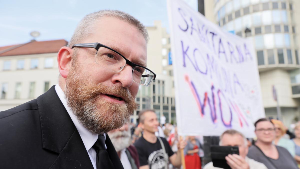 Grzegorz Braun podczas manifestacji antyszczepionkowców przed Sejmem