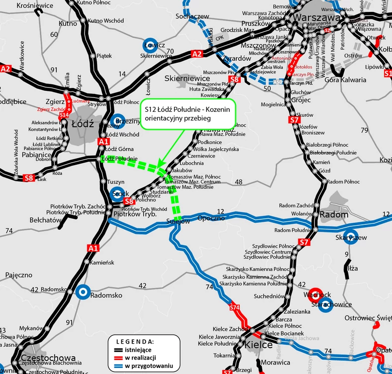 Mapa przedstawiająca orientacyjny przebieg bezpośredniego połączenia S8 od węzła Łódź Południe na skrzyżowaniu z autostradą A1 z S8 w okolicy Tomaszowa Mazowieckiego