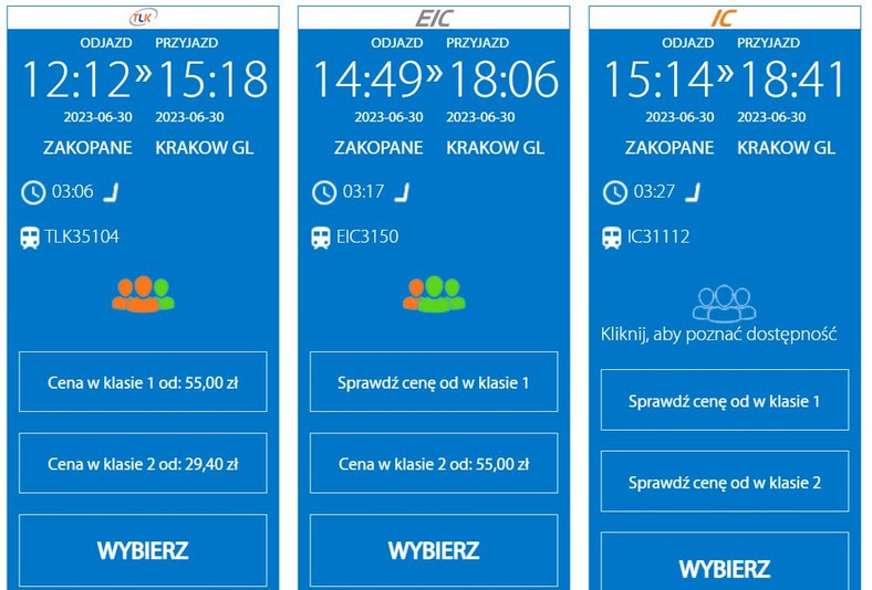 Rozkład pociągów PKP Intercity jadących z Zakopanego do Krakowa 30 czerwca 2023 r.