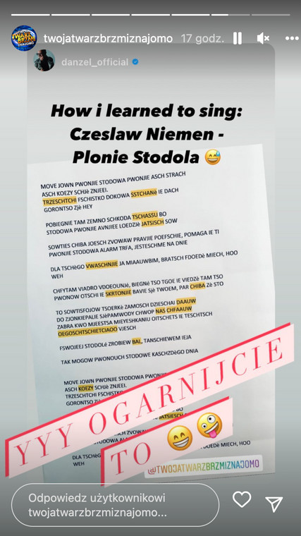 Tekst utworu Czesława Niemena zapisany fonetycznie przez Danzela