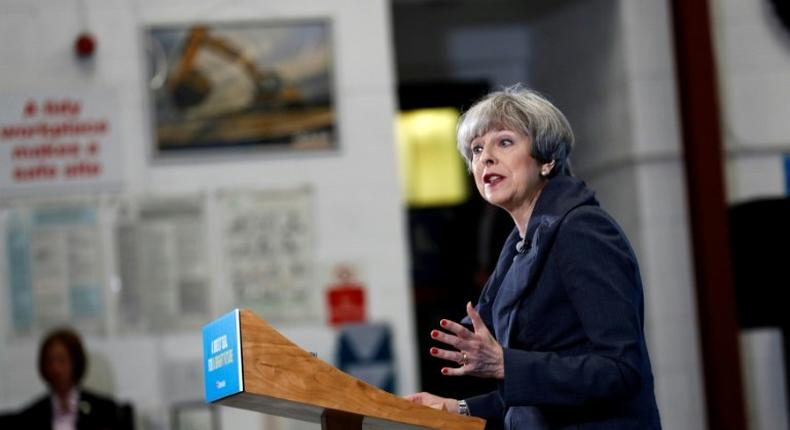 Britain's Prime Minister Theresa May speaks at an election campaign event in northeast England