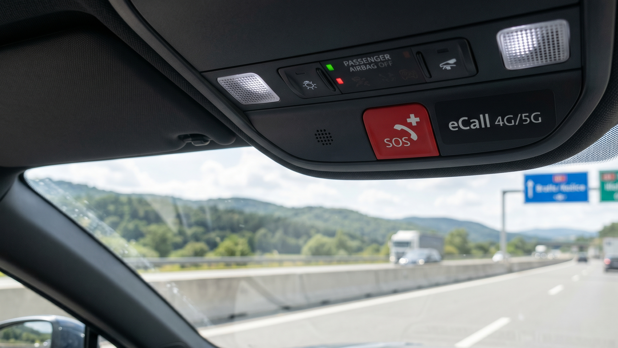 Detailný záber na stropnú konzolu nového SUV – červené SOS tlačidlo s ikonou telefónu a záchranárskeho kríža, vedľa nápis „eCall 4G/5G“, v pozadí slovenská diaľnica cez čelné sklo.