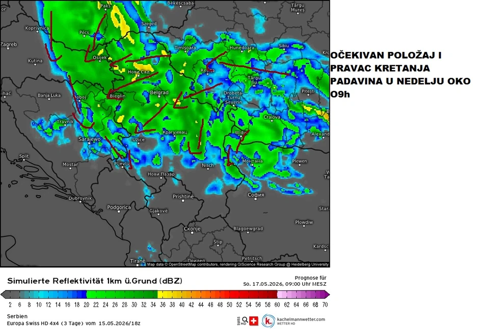 Položaj i kretanje padavina u nedelju oko 9 sati