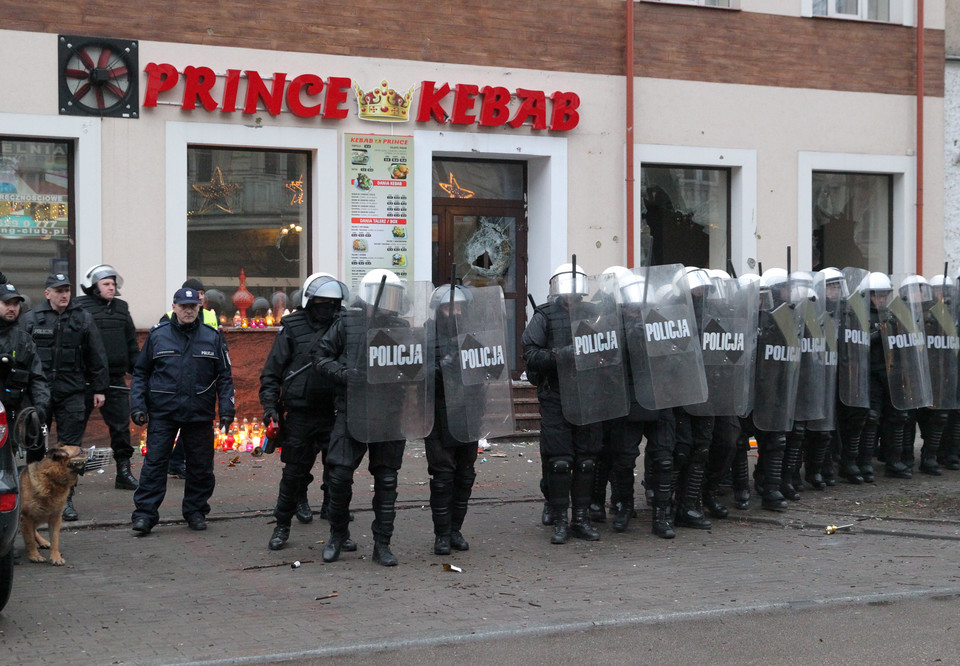 EŁK ZAMIESZKI PO ZABÓJSTWIE 21-LATKA (policjanci przed barem Kebab Prince)