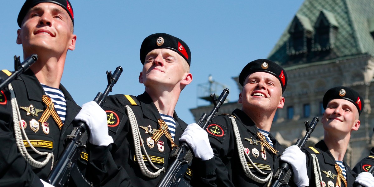 Russian servicemen march during the Victory Day parade, marking the 71st anniversary of the victory over Nazi Germany in World War Two, at Red Square in Moscow, Russia, May 9, 2016.