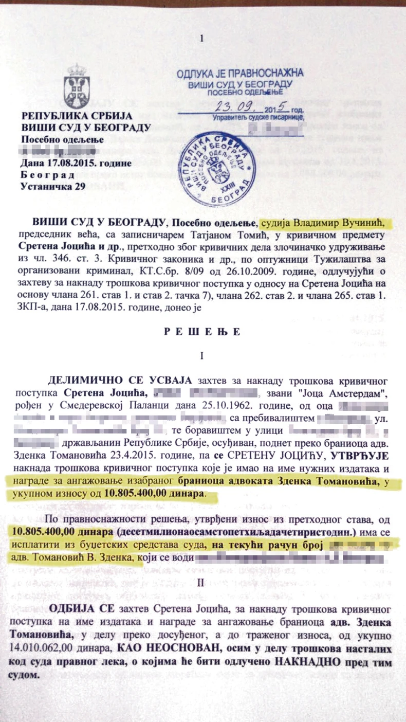 Presuda za naknadu troškova Zdenku Tomanoviću koju je potpisao sudija Vučinić