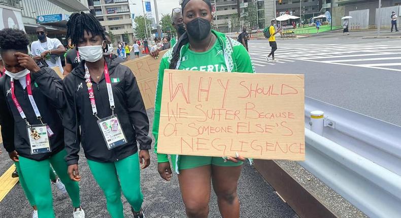 Photos: Nigerian athletes stage demo in Japan after being disqualified from Olympic Games 