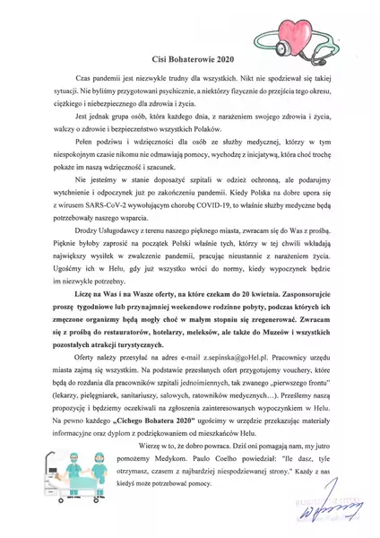 Apel burmistrza Helu o włączenie do akcji Cisi Bohaterowie 2020, fot. gohel.pl