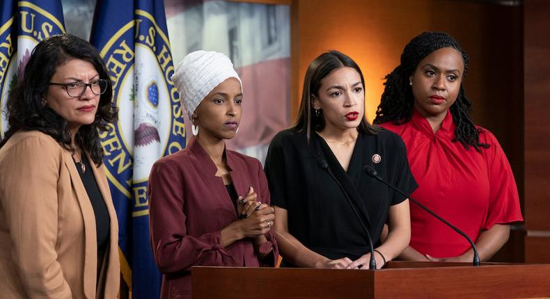 From left, Rep. Rashida Tlaib, D-Mich., Rep. Ilhan Omar, D-Minn., Rep. Alexandria Ocasio-Cortez, D-N.Y., and Rep. Ayanna Pressley, D-Mass.