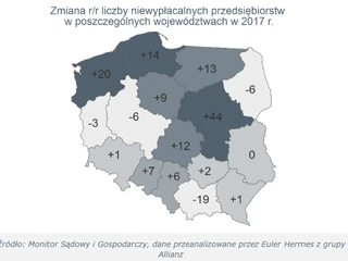 Tak zmieniła się liczba niewypłacalnych firm w województwach w 2017 roku – wynika z analizy Euler Hermes