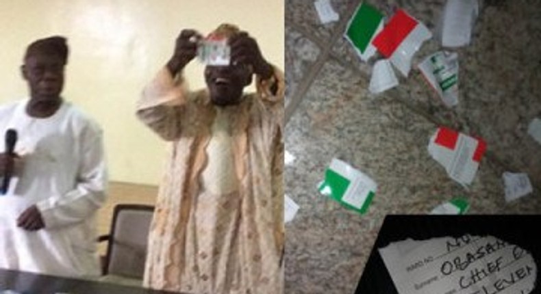 On his instruction, a PDP member in Abeokuta tears Obasanjo's PDP membership card.