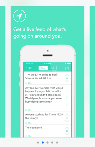 <strong>YikYak</strong><br /><br />

Aplikacja mobilna, umożliwiająca nastolatkom anonimowe plotkowanie i obgadywanie. W Yik Yak każdy może anonimowo wysłać swoją wiadomość bez konieczności rejestracji konta i podawania nicka, a w głównym widoku prezentowane są sprytnie przefiltrowane statusy innych użytkowników. Aplikacja jest w pełni moderowana przez użytkowników, którzy kontrolują ją swoimi komentarzami. Jej funkcjonalność wyzwala zjawisko bullyingu oraz bywa przyczyną różnego rodzaju pranków – np. ewakuacji szkoły.<br /><br />