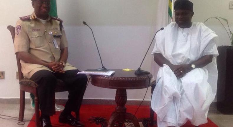 The Governor of Lagos state, Akinwunmi Ambode, and the Corps Marshal and Chief Executive of the FRSC, Boboye Oyeyemi.