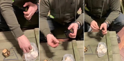 Ukraiński żołnierz zanurza czubki nabojów w... świńskim tłuszczu. Wyjaśnia, dlaczego to robi [WIDEO]