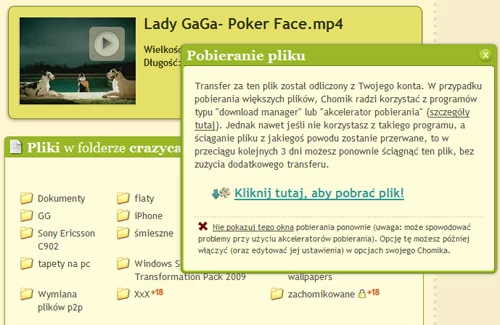 Już niebawem może się okazać, że taki standardowy komunikat na Chomikuj.pl zostanie zastąpiony przez tabelę opłat za możliwość ściągnięcia konkretnego pliku