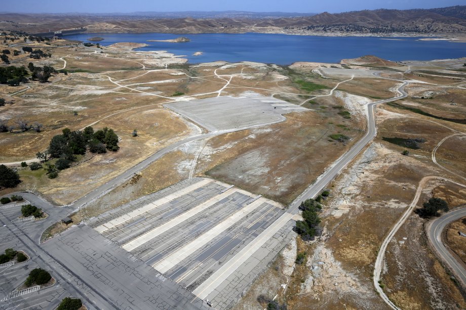 Boat docks that were once at the edge of the water on Millerton Lake on the San Joaquin River in Friant.