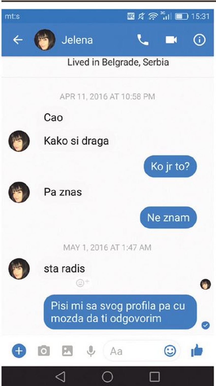 Poruke koje je Teodora Krsmanović dobila sa Fejsbuk profila Jelene Marjanović